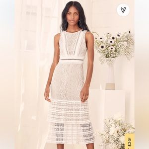 Garden Soirée White Lace Sleeveless Tiered Midi Dress
